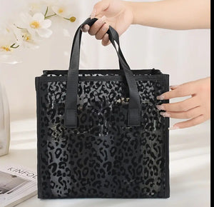 Black leopard mesh tote