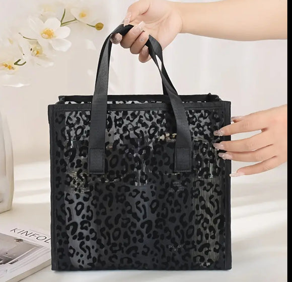 Black leopard mesh tote